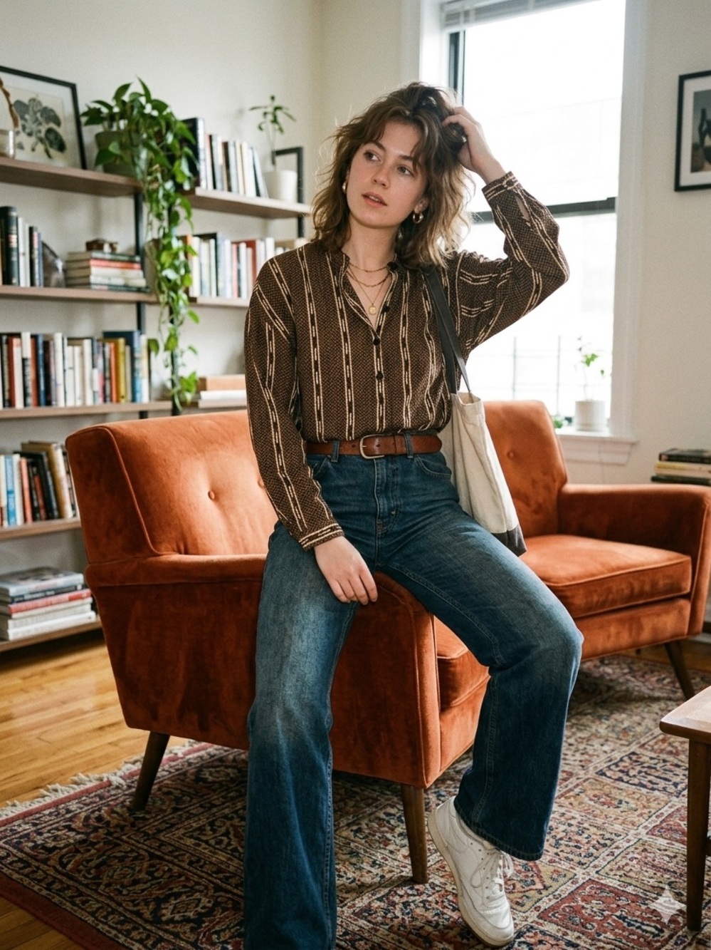 Brown Patterned Silk Button-Up Blouse